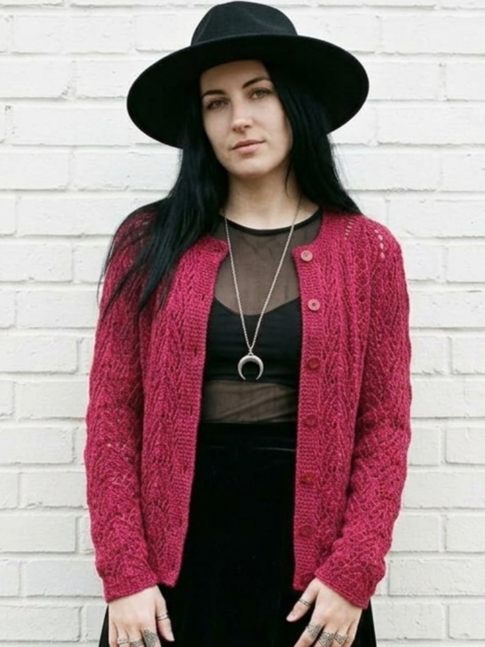 Vtg Northern Reflections Burgundy Chenille Openwork Knit Cardigan Sweater Large